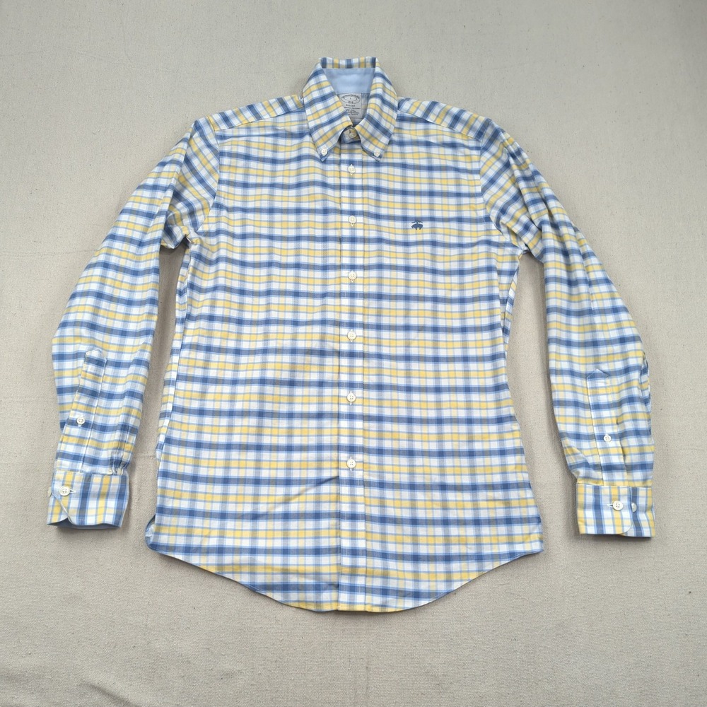 Brooks Brothers Shirt Mens Small Yellow Blue Plaid Oxford Regent 1818